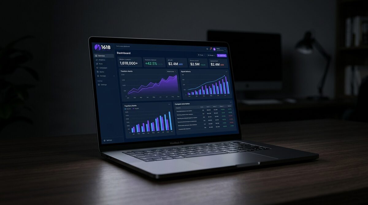 Mockup de painel digital com identidade 1618 e gráficos em roxo